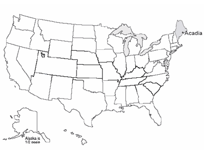Map of U.S. with Acadia National Park highlighted along mid-coast Maine.